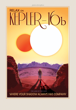 Futuristic advertising poster for tourism on Kepler-16 b - Illustration - Futuristic Advert for tourism on Kepler-16 b - Illustration: Advertising promoting tourism on Kepler-16 b. This exoplanet is orbiting in the habitable area of the Starsystem Kepler-16 (AB), an Algol-type binary star located at a distance of about 200 light years from the Sun in the constellation of Swan. An astronaut could contemplate a double sunset. Like Luke Skywalker's planet “” Tatooine””” in Star Wars, Kepler-16b orbits a pair of stars. Described here as a terrestrial planet, Kepler-16b might also be a gas giant like Saturn. Prospects for life on this unusual world aren't good, as it has a temperature similar to that of dry ice. But the discovery indicates that the movie's iconic double-sunset is anything but science fiction.