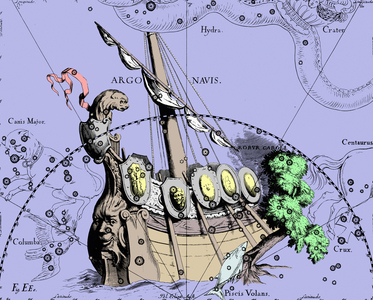 Constellation of the Ship Argo - Constellation of Argo Navis - Constellation of the Ship Argo from the Uranographia of Hevelius. Recolorized image. Vessel Argo is a missing constellation; the astronomer Nicolas - Louis de Lacaille divided it in the 1750s into three smaller constellations: the Carene, the Poupe and the Voiles. Map showing the constellation of Argo Navis with its mythological form from “” Uranographia”” star atlas by Hevelius (1690). Recolored image. Argo Navis (or simply Argo) was a large constellation in the southern sky that has since been divided into three constellations (Carina, Puppis and Vela)