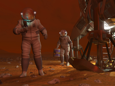 Astronauts on Titan - Illustration - First steps on Titan - Astronauts explore Titan's surface. Perhaps some day in the far future humans will set foot on Saturn's mysterious moon Titan, one of the most interesting worlds in the Solar System. Larger than the planet Mercury, Earth's moon, and the dwarf planet Pluto, and second only in size to Jupiter's satellite Ganymede, Titan is the only known extraterrestrial world with a dense atmosphere that realistically could be visited by humans. A visit to Titan would require a space journey of a year or more and traverse over 700 million miles. Beneath Titan's 350 miles of atmosphere, intrepid explorers would likely find a dark, forbidding landscape of rock, ice, and possibly tarry layers of hydrocarbons and lakes of liquid ethane and/or methane (AKA natural gas). The Surface temperature would be around minus 300* F, cold enough to freeze exposed human tissue within seconds. There would be no oxygen to breathe, and any water to be found would be as hard and dense as granite. Despite these harsh conditions, Titan could yet yield secrets regarding the origin of life itself as it is believed that, with the exception of the extreme cold, Titan resemble the primordial Earth at the time living organisms first appeared. In this image, Titan's first human visitors are protected by thick suits and helmets to shield them from the extreme cold - - and possibly toxic compounds such as hydrogen cyanide. They carry their own oxygen as Titan's atmosphere is primarily nitrogen with lesser amounts of argon, methane and other gases. Each explorer also carries “” head”” lights attached to their helmets to help them navigate a terrain that receives only 1/1000th the Sun's illumination on the Earth; while this means that noon on Titan would appear relatively dim, it would yet be over 300 times brighter than the Earth under a full moon