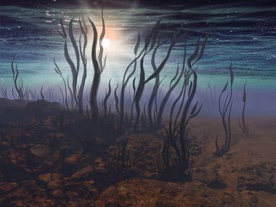 Life on an Exoplanet: View of an alien life artist on the surface of an exoplanet orbiting a M3 star. Extraterrestrial life on an exoplanet orbiting a M3 flaring star