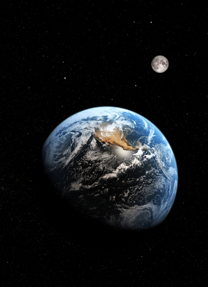 Earth and Moon - Artist view - Earth and Moon. Artwork - Earth with starry sky - Earth's equatorial diameter is 12.756 km while the Moon's diameter is 3.476 km