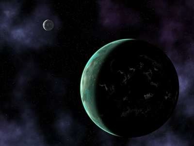 Exoplanete of inhabited terrestrial type - Artist's view - Extrasolar intelligence revealed - Artist's view of an extrasolar planet housing an alien civilization whose artificial lights reveal its presence. This image suggests how an extraterrestrial civilization on an earth - like planet might reveal itself via artificial light sources, in this case brightly lit cities that follow the contours of the ocean coasts. Perhaps some day there will be a telescope powerful enough to resolve such evidence for extrasolar intelligence
