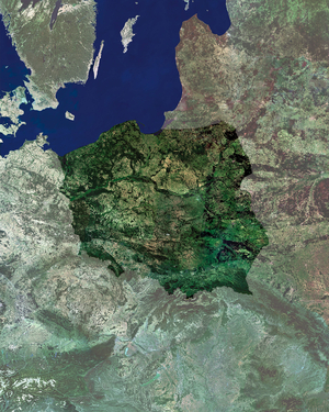 Poland seen by satellite - Poland seen from satellite Envisat - Image obtained by satellite Envisat. This mosaic of MERIS (Medium Resolution Imaging Spectrometer) images is centred over the country of Poland (dark green area). It is located in Central Europe and is bordered to the west by Germany, to the south by the Czech Republic and Slovakia, Ukraine and Belarus to the east and to the north by the Baltic Sea, Lithuania and Russia