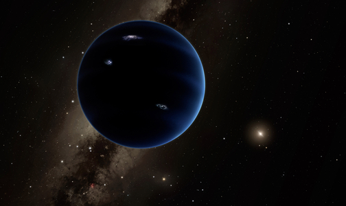 La planete Neuf - Illustration - Planet Nine - Artwork: Vue d'artiste de la planete Neuf. The Ninth Planet is a hypothetical planet of the Solar System indirectly recorded, the existence of which is suggested by observing the orbits of several transneptunian objects. This planet would be gaseous, similar to Uranus or Neptune - This is a distant view from Planet Nine back towards the sun. The object is thought to be gaseous, similar to Uranus and Neptune. Hypothetical lightning lights up the night side