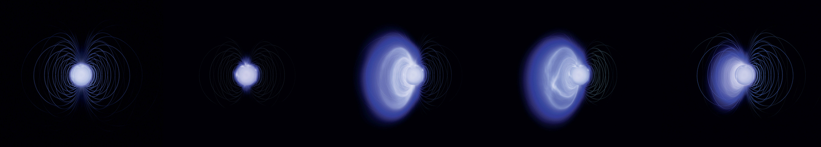 Artist's view of a magnetar and its magnetic field - A magnetar with its magnetic field. Artwork - Illustration showing the magnetic field lines of a magnetar that intertwine causing tensions on the surface of the neutron star that partially breaks causing an emission of X-rays and gamma rays. A magnetar is a neutron star with an extremely powerful magnetic field. This artwork shows magnetic field lines of the star causing X and gamma rays burst when they mix