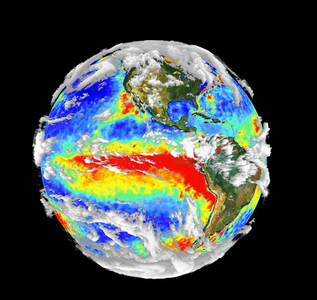 Earth/El Nino/Clouds 97/98 - El Nino, visible in red in the Pacific Ocean, and the 3-D clouds observed by the TERRA satellite