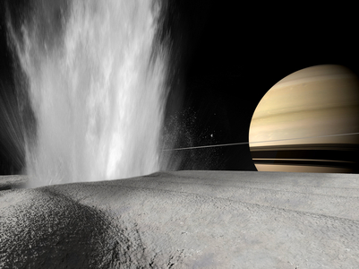 Geyser sur Enceladus - Artist view - Water geyser on Enceladus - Artist view - Artist view of an ice geyser on the surface of the Enceladus satellite. In the sky, the planet Saturn and its satellite Mimas. Liquid water reaches the surface of Enceladus' south pole and drives a massive plume of ice crystals into the sky. The combination of Enceladus' low surface gravity and the geyser's force accelerate the crystals to escape velocity, where sunlight breaks the water molecules down into their constituent atoms of hydrogen and oxygen. Saturn itself appears low on the horizon due to the proximity to Enceladus' pole. The small object immediately to Saturn's left is another icy moon named Mimas. Somewhat smaller than Enceladus and closer to Saturn, Mimas sprints around Saturn in slightly less than one Earth day. In March 2006 Nasa's Cassini probe revealed evidence of water - driven geysers on the surface of Enceladus. At first glance Enceladus doesn't seem to be a likely host for liquid water as the surface is extremely cold, about - 330* F. However, tidal forces from Saturn's massive gravity alternately pull and push on Enceladus 'interior, creating enough heat to melt the water ice immediately beneath the surface. This water is believed to periodically break through the surface as geysers, similar to Yellowstone's Old Faithful. There are only three other places in the Solar System where this kind of geologic activity is known to exist: our own Earth, Jupiter's satellite Io, and Neptune's satellite Triton. What makes Enceladus especially interesting is that this the most compelling evidence yet for liquid water - - a requirement for life - - on any world beyond the Earth