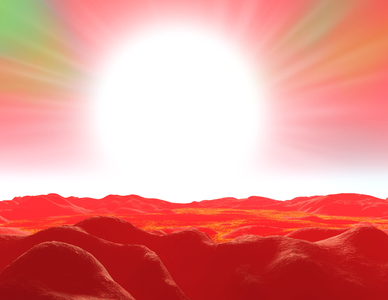 Artist's View of a Nova - Artwork of a nova shining above an exoplanet - A nova, a star that suddenly becomes extremely bright, seen from the surface of an exoplanet