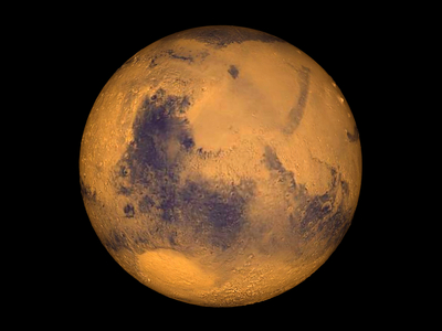 Mars - Image recomposed from altimetric data obtained by the Mars Global Surveyor probe in 2000. Lower left the Hellas basin, above Syris Major, on the right the Elysium volcanoes