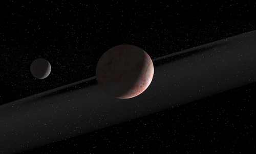 Ring around Pluto - View d'artiste - Pluto's ring - Artist view: View of hypothetical rings around Pluto; in the background, the satellite Charon. Hypothetical rings system around Pluto. Background is Charon.