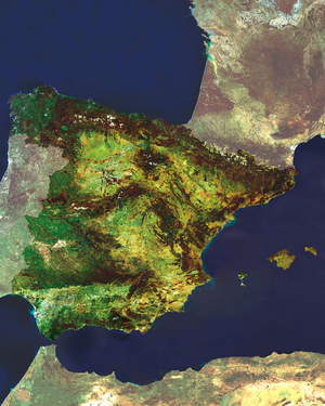 Spain seen by satellite - Spain seen from satellite - Image obtained by Envisat satellite. This Mosaic Full Resolution Imaging Spectrometer (MERIS) image shows the Kingdom of Spain, located in the southwest of Europe. Spain is bound to the east by Mediterranean Sea (containing the Balearic Islands), to the north by the Bay of Biscay and to its west by the Atlantic Ocean, where the Canary Islands off the African coast are found. Envisa satellite