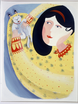 Young woman stroking her cat - illustration by Patrizia La Porta, 1998