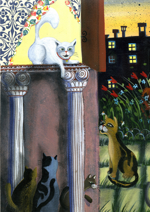 Cats lounging in the court of a building Illustration 2013
