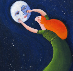 Expression: How to catch the moon, a red hair girl cuddling a smiling moon Illustration 2013