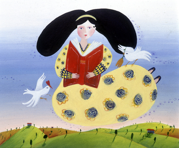 Girl with birds - illustration by Patrizia La Porta, 1999