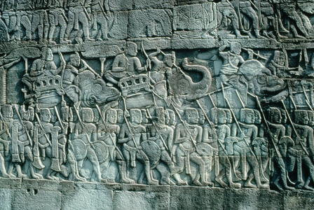 Low relief sculpture of war elephants and foot soldiers, c.1181-1220 (sculpture)