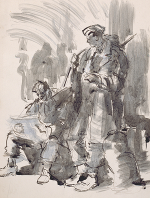Two Soldiers at a Railway Station, 1944 (pen & wash on paper)