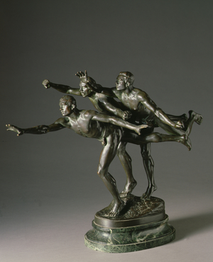 L'Arrivee de la Course a Pied (bronze sculpture on a green marble base)