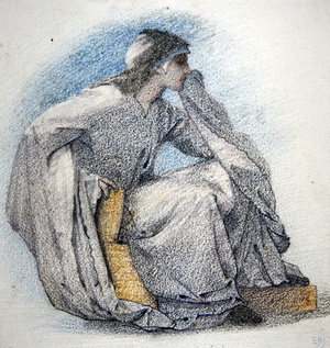 Study of a robed, seated figure, c.1866 (pencil & coloured chalks on paper)