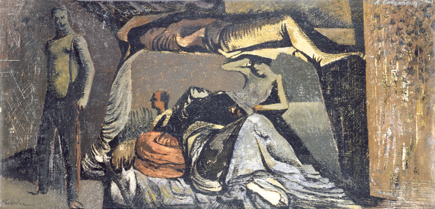 Figures in an air-raid shelter, 1941 (oil on panel)