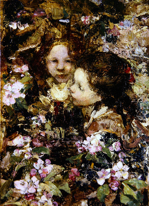 Two Girls Amongst Blossoms (oil on canvas)