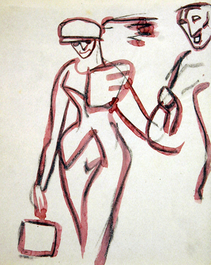 Promenader with Companion, 1913 (red wash over black chalk on paper)