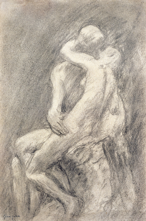 A Study of Rodin's Kiss in his Studio (charcoal on paper)