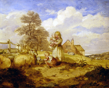 Children and Sheep Under a Tree (oil on canvas)