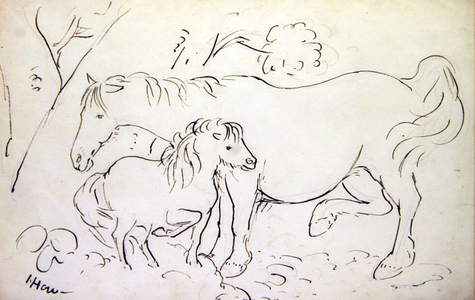 Mare and its Foal (sepia ink on paper)