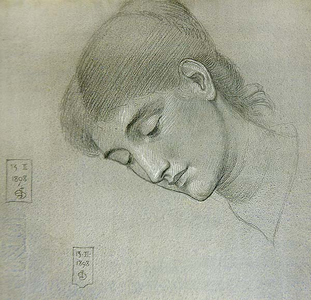 Head Study of a Girl Looking Down, 1898 (pencil with white heightening on blue washed paper)