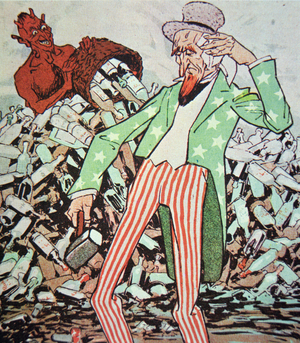Cartoon showing Uncle Sam exhausted by the flow of bootleg produced by the devil, during the Prohibition era (1920-33) (colour litho)