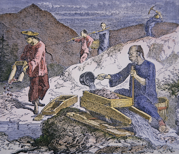 Chinese Immigrants working on the gold fields, 1849 (coloured engraving)