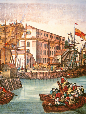 View of New York harbour in the mid-18th century (colour litho)