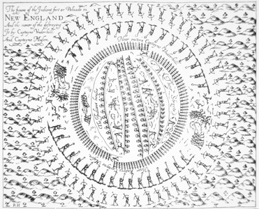 Plan of the Pequot Indian fort from John Underhill's 'Newes from America', London, 1638 (engraving)