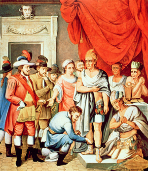 Hernan Cortes orders shackles to be put on the ankles of Montezuma (colour litho)