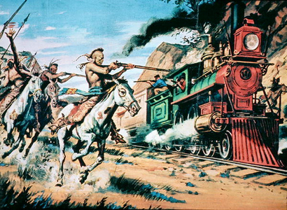 Native American warriors attack the invading the 'iron horse' (oil on canvas)
