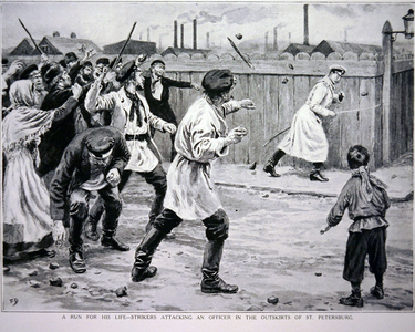 Strikers attacking an officer in the outskirts of St. Petersburg in 1905 (litho)