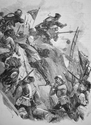 British troops storming the Taku Forts in China in 1860 during the Opium Wars (litho)