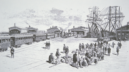 Chinese immigrants or 'Coolies' arriving in San Francisco to work on the transcontintental railroad during the 1860s (litho)