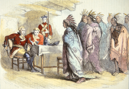 Pontiac visits Major Gladwin at Fort Detroit in 1763 (colour litho)