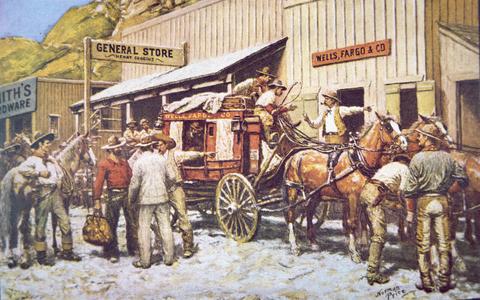 A Wells Fargo & Co. Stagecoach in a western town, 1948 (colour litho)