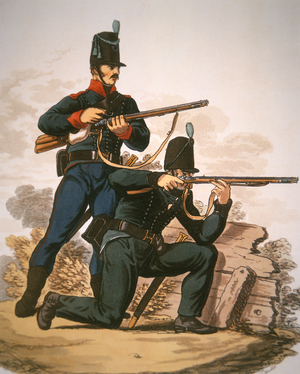 British Riflemen, 1813 (colour litho)
