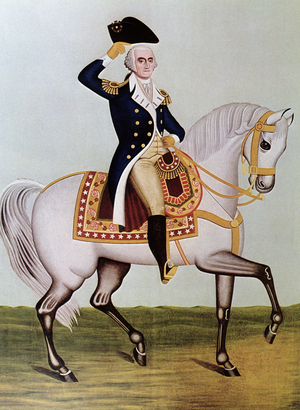 George Washington on horseback (colour litho)