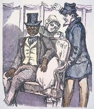 A white passenger demanding that a black passenger leaves the 'white only' railroad car, c.1875 (coloured engraving)