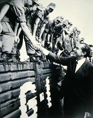 President Nixon visiting the 1st US Infantry Division during his tour of Vietnam, July 1969 (b/w photo)