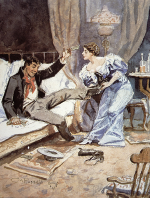 Saloon girl with a drunken cowboy, c.1898 (w/c on paper)