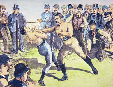John L. Sullivan v. Charlie Mitchell on 10th March, 1888 at Chantilly, France (colour litho)