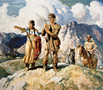 Sacagawea avec Lewis et Clark lors de leur expédition de 1804-06 (coloris litho)
