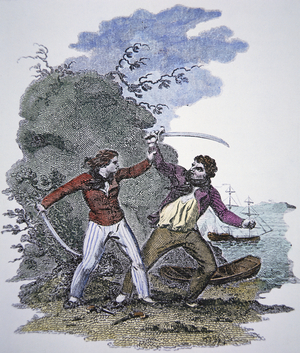 Mary Read fights another pirate to save her male lover's life (coloured engraving)