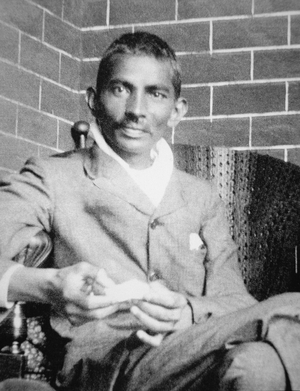 Gandhi photographed in Johannesburg, following his release from prison, 1908 (b/w photo)